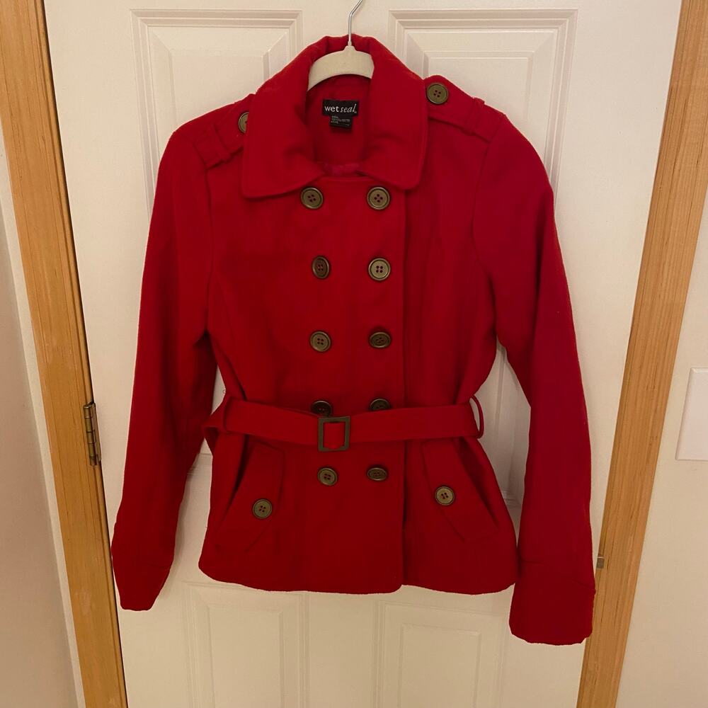 Wet Seal Red Double Breasted Military Style Coat, Sz M